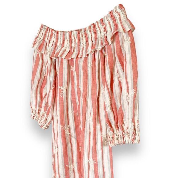 Misa Los Angeles Embroidered Mini Off Shoulder Dress Coral Red White Striped S - Picture 2 of 9